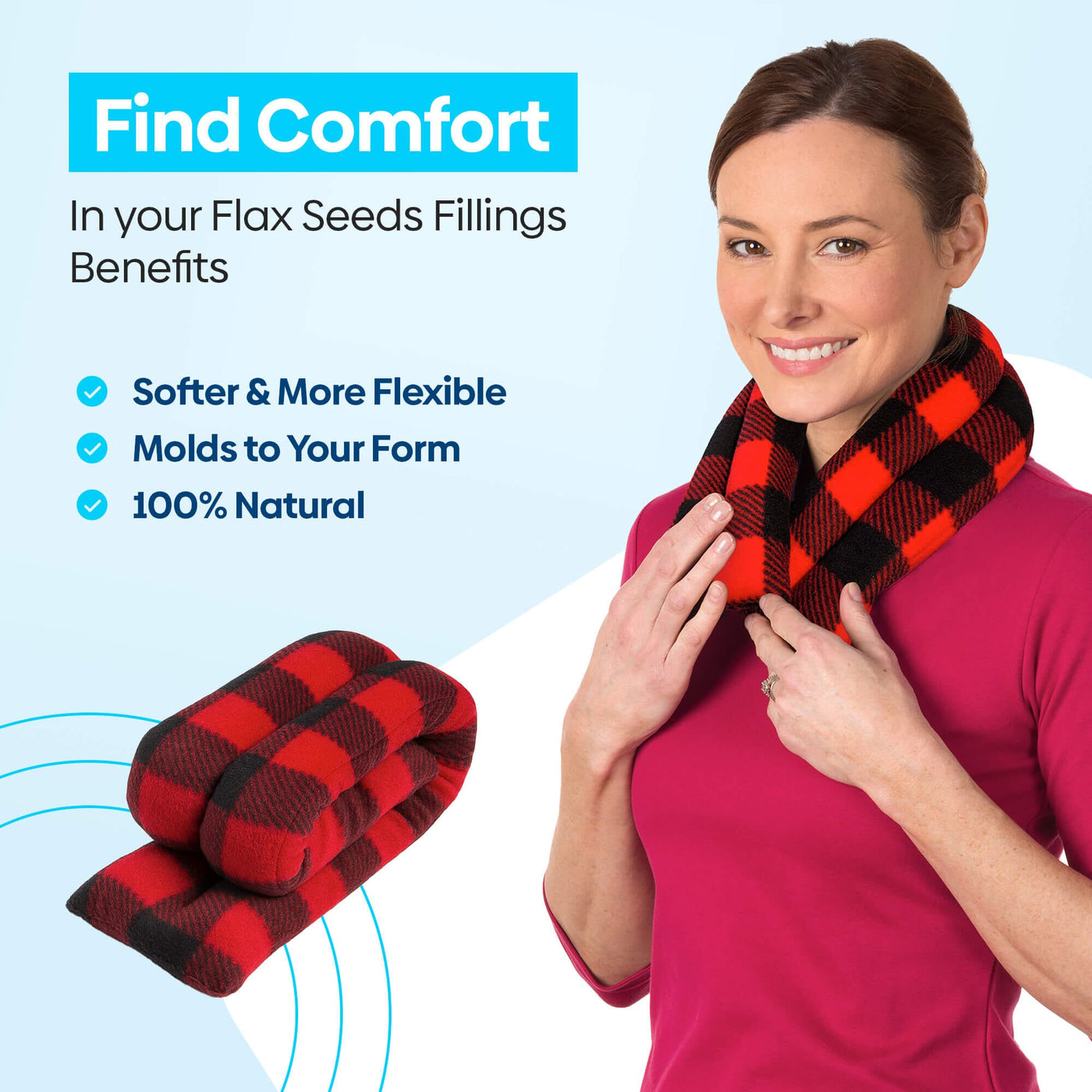 Extra Long Neck Heating Wrap, Flax Seeds Filled, Buffalo Plaid, Fleece-SunnyBay