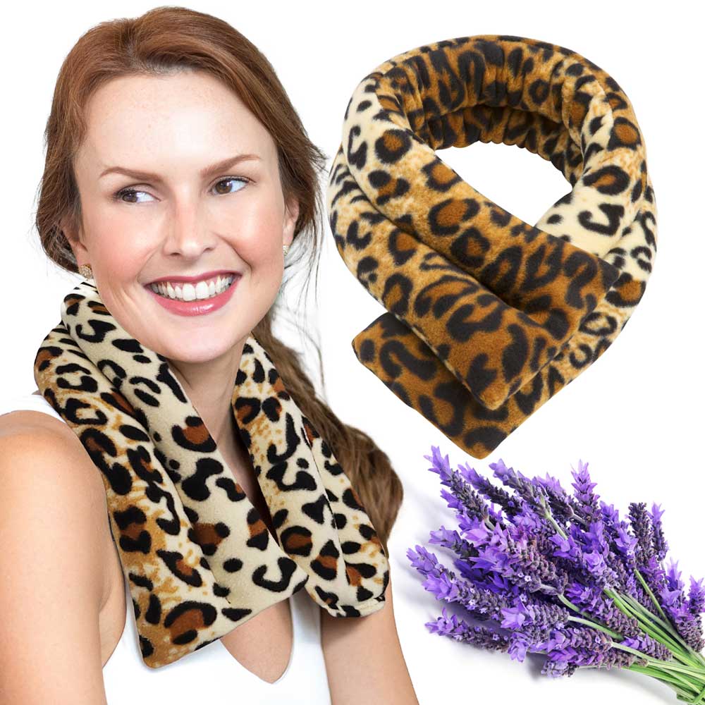 Lavender-scented Microwavable Neck Heating Wrap with Flax Seeds, 26"x5", Leopard Skin Print