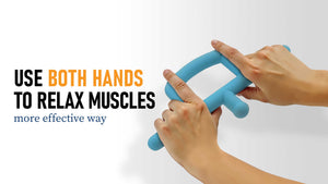 Two hands using a blue massage tool neck back arm leg muscle relaxation