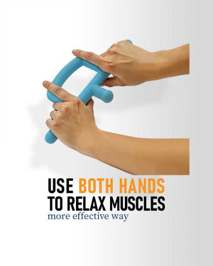 Two hands using a blue massage tool neck back arm leg muscle relaxation