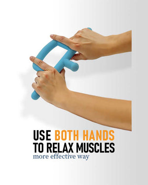 Two hands using a blue massage tool neck back arm leg muscle relaxation